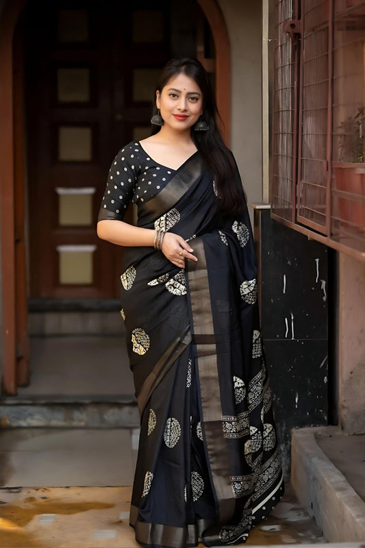  Studio front view showing full saree with print and blouse clarity