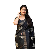 Studio front view of cotton crape black saree in clean pose – white background