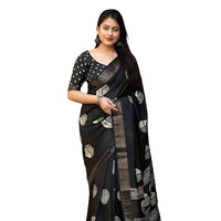 Studio front view of cotton crape black saree in clean pose – white background