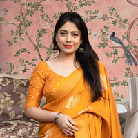 Front angle of yellow cotton crape saree glowing in palace morning light