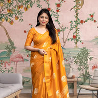 Front angle of yellow cotton crape saree glowing in palace morning light