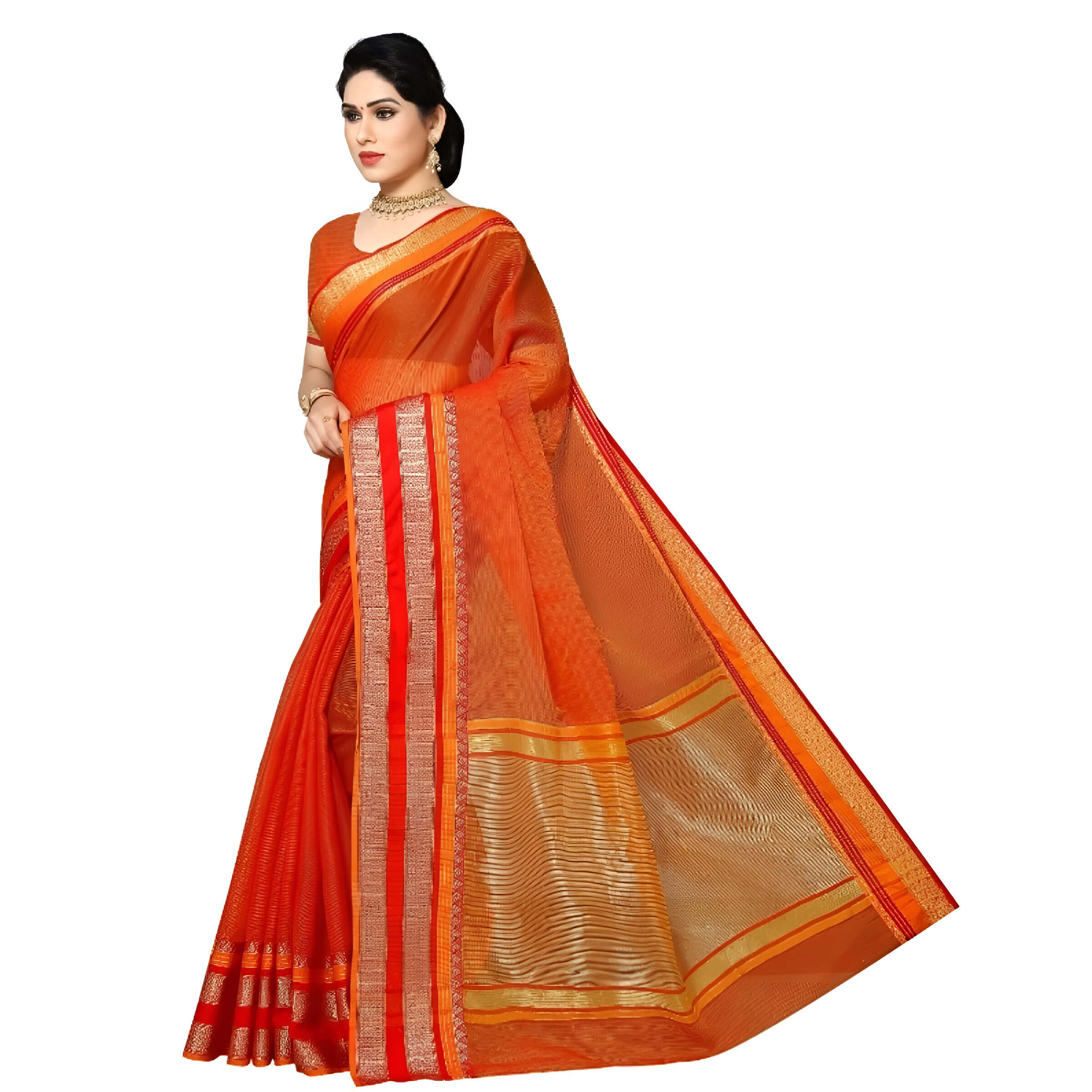 Close-up of orange saree with shimmering gold zari border texture