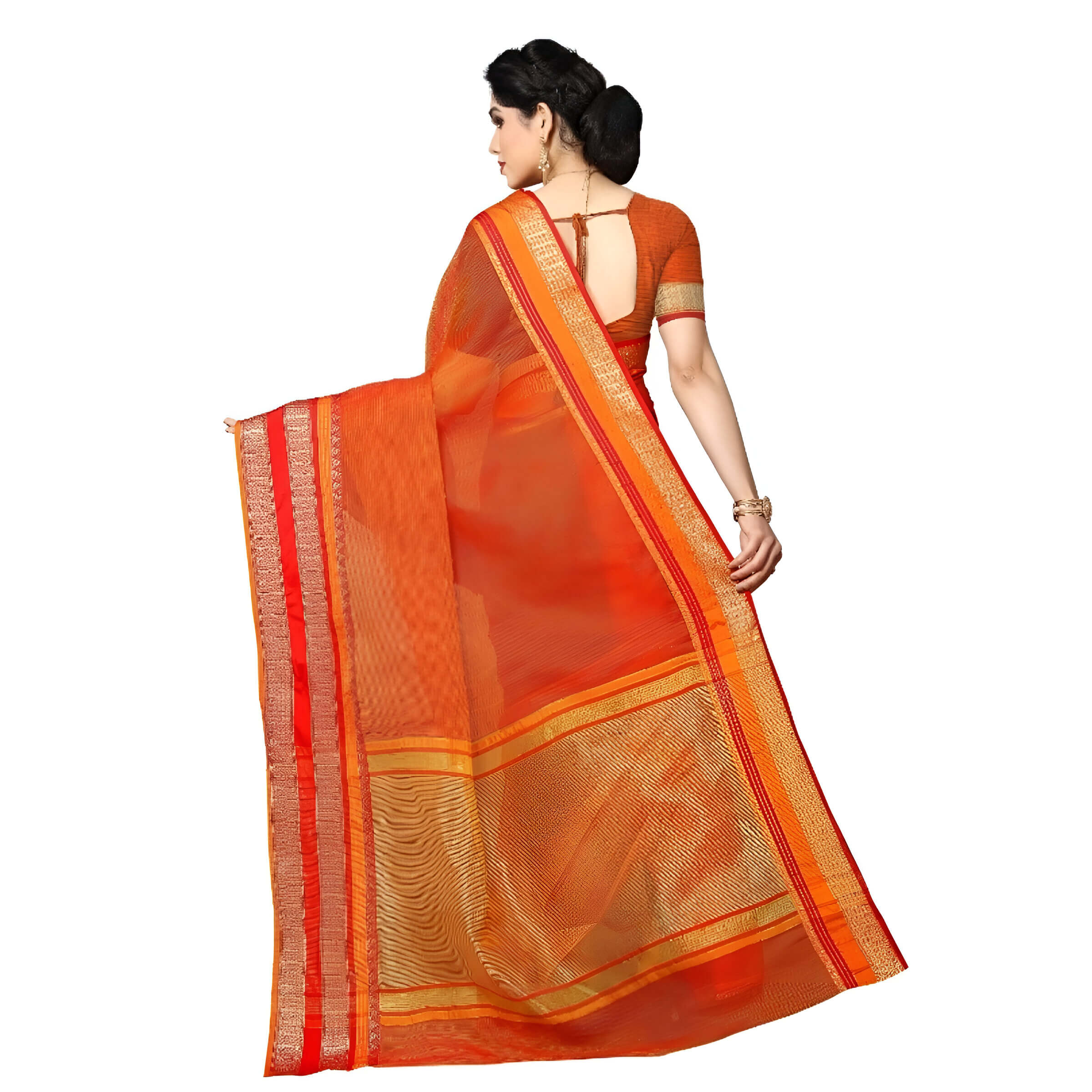 lowing pallu of the saree showing gold border against soft orange backdrop