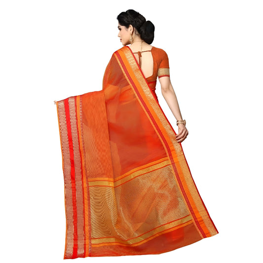 lowing pallu of the saree showing gold border against soft orange backdrop