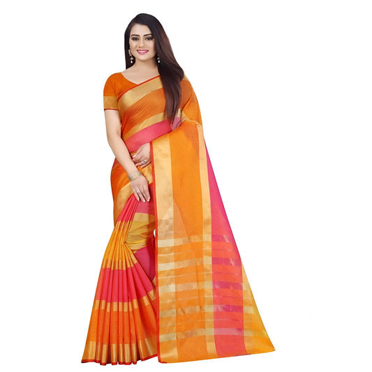 Close-up of plain orange cotton fabric with signature airy Kota weave