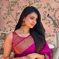 Front view of 💗 Komalantara pink Lichi silk saree in palace room setup – lifestyle background