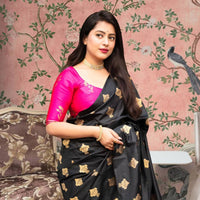 Front view of black silk saree with pink blouse in royal setting