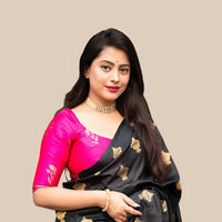  Studio front view of black silk printed saree with pink blouse
