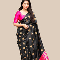  Studio front view of black silk printed saree with pink blouse