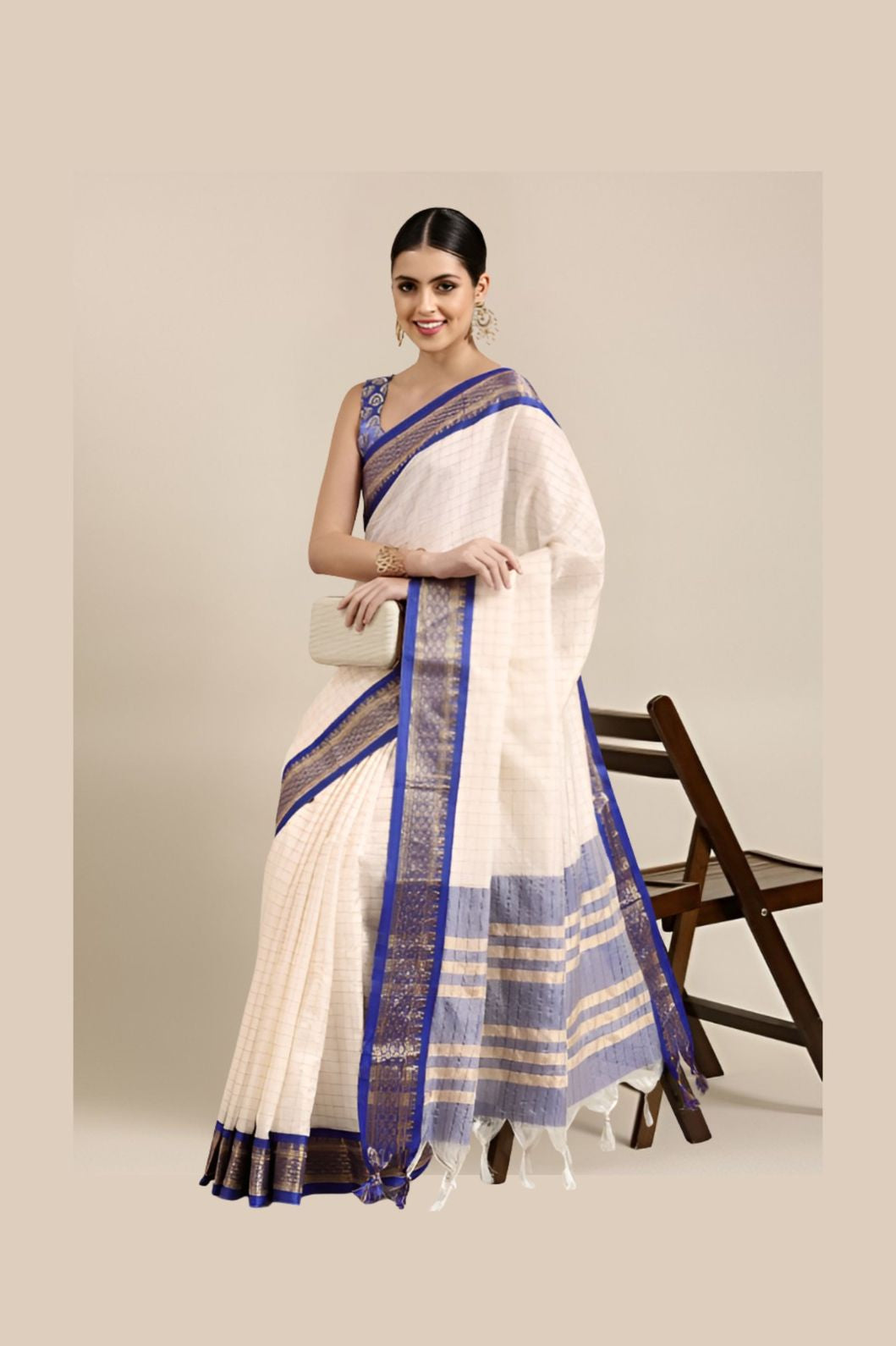  Studio front angle of royal blue saree with blouse