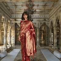 Model draped in maroon Banarasi silk saree with gold motifs in palace interior