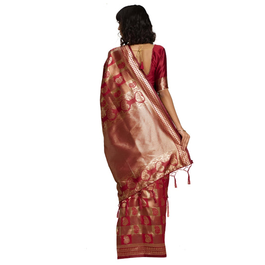 Zari pallu and gold motifs displayed fully in studio shot