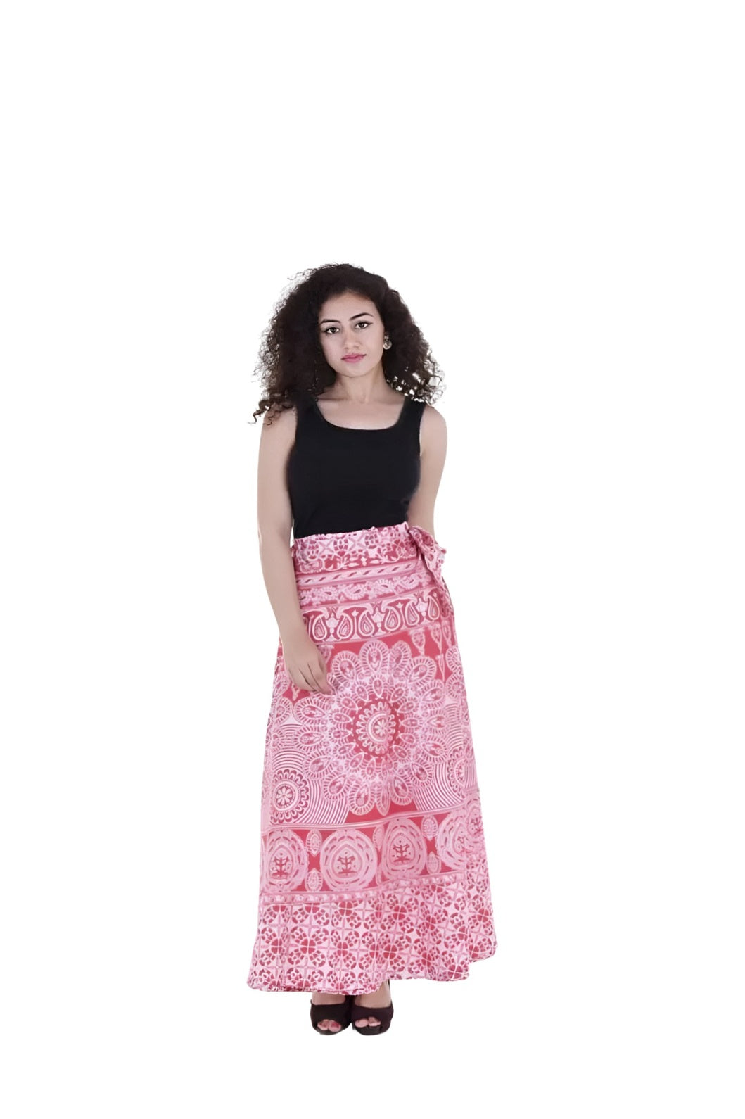 Front view wrapped in temple tones, skirt flaring like devotion