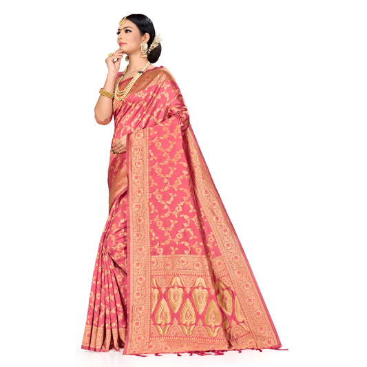 Detailed view of golden zari border on red silk blend saree