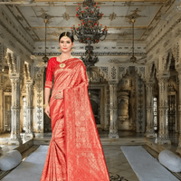 Close-up of gold abstract motifs on red silk saree in royal backdrop