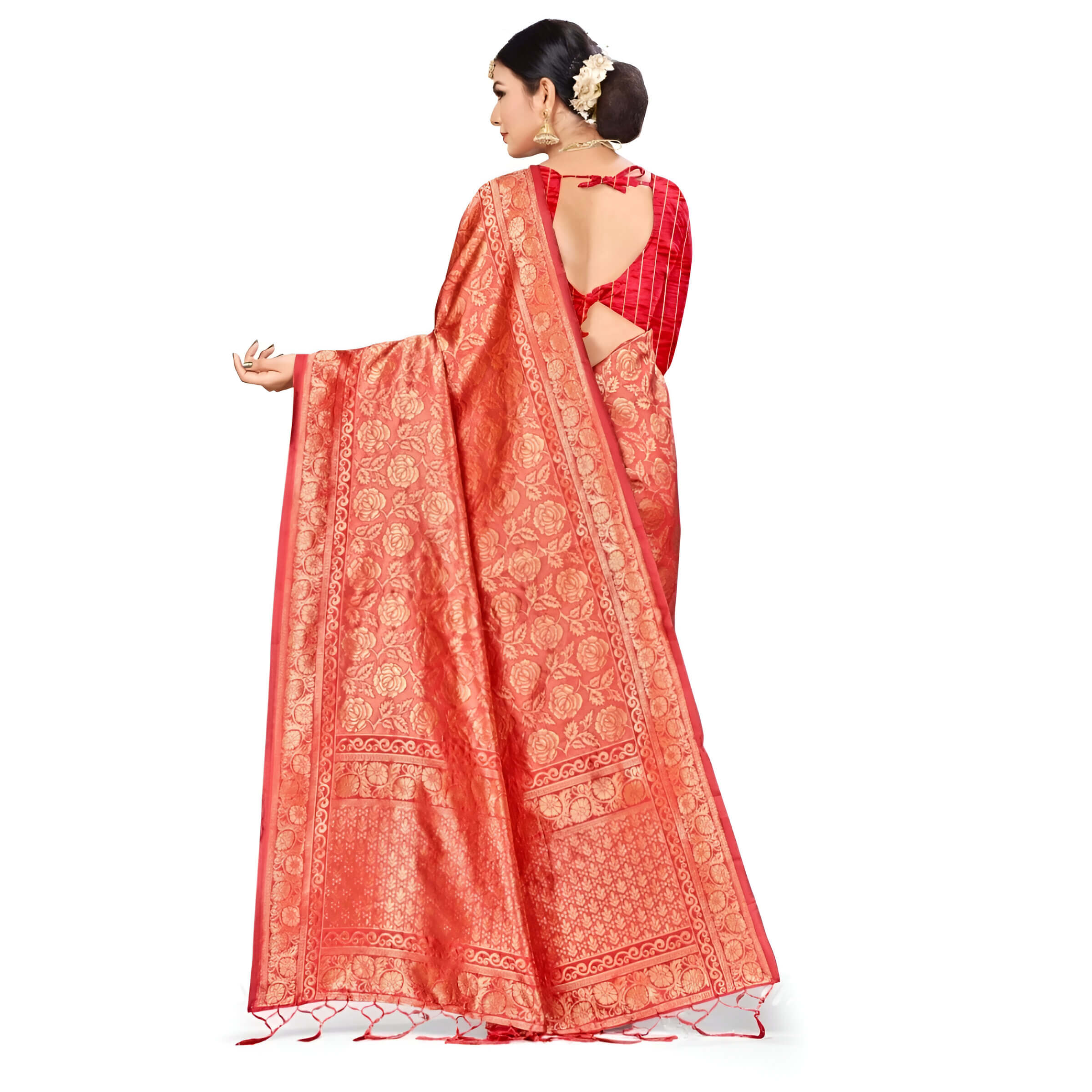 Saree pallu stretched to show intricate gold patterns in studio shot