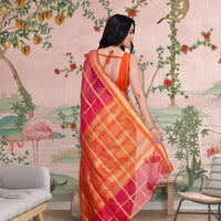 Back profile showing cascading pallu in deep red charm