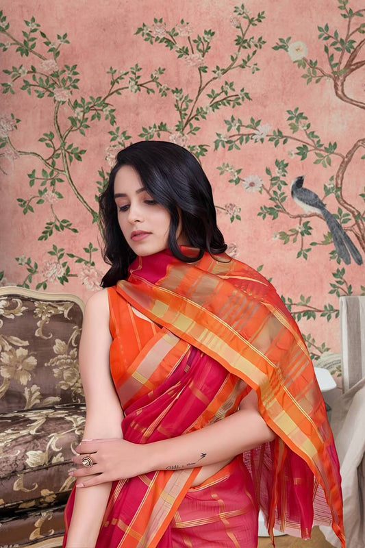 Front view of red checkered saree glowing in palace light