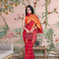 Front view of red checkered saree glowing in palace light
