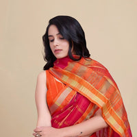 Studio front angle of red cotton silk saree with checkered clarity