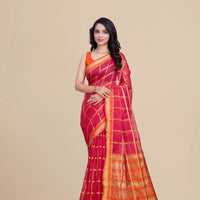 Studio front angle of red cotton silk saree with checkered clarity