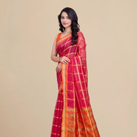  Studio front angle of red cotton silk saree with checkered clarity