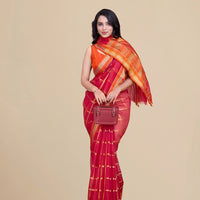  Studio front angle of red cotton silk saree with checkered clarity