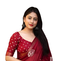 Studio front view of red printed saree in upright posture – white background