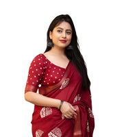 Studio front view of red printed saree in upright posture – white background