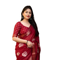 Studio front view of red printed saree in upright posture – white background