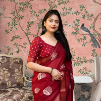 Front view of ❤️ Lohini red cotton crape printed saree styled in ethnic setting
lohini-red-crape-saree-back-view