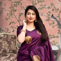Front view of wine silk printed saree in regal palace setting