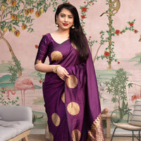 Front view of wine silk printed saree in regal palace setting