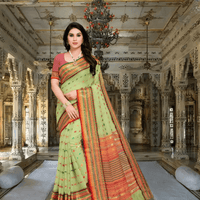 Flowing pallu of light green Kota Doria saree captured mid-air with border detail