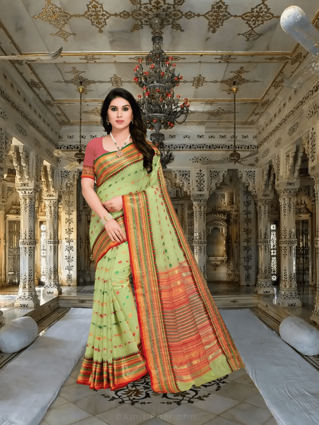 Flowing pallu of light green Kota Doria saree captured mid-air with border detail