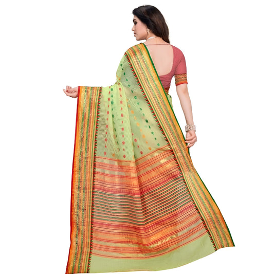 Extended pallu shot of light green saree showcasing its flow and delicate border