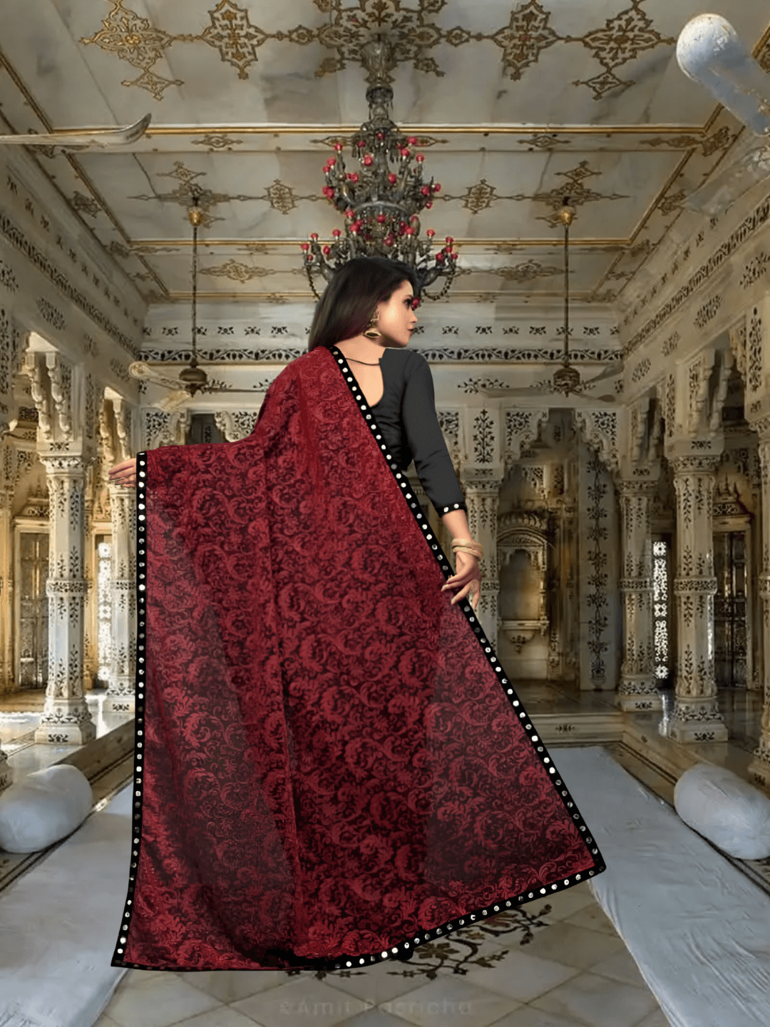 Maroon Lycra office saree - wrinkle-free stretchable workwear with unstitched blouse piece