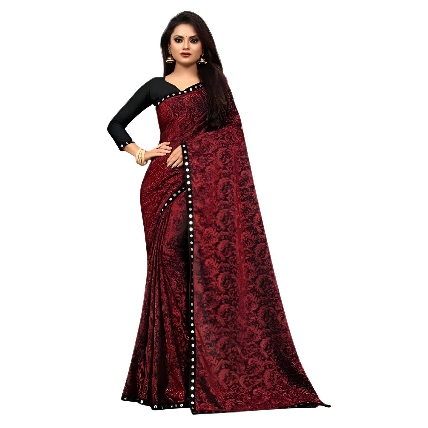 Close-up of premium Lycra fabric - wrinkle-resistant maroon office saree material