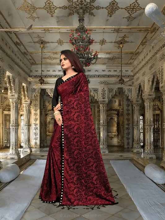 Close-up of premium Lycra fabric - wrinkle-resistant maroon office saree material