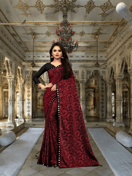 Professional woman in maroon Lycra office saree - no ironing needed for busy workdays