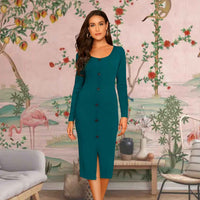 Front view of Mayurthaar Morpich dress with full sleeves and center buttons