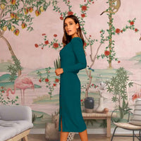 Side angle of bodycon dress in peacock blue with elegant shape