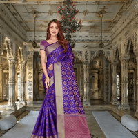 Close-up of floral patterns on purple Kanchivaram silk with zari detailing