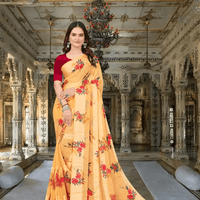 Close-up of delicate florals on beige saree