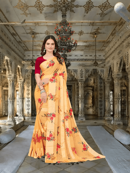 Close-up of delicate florals on beige saree
