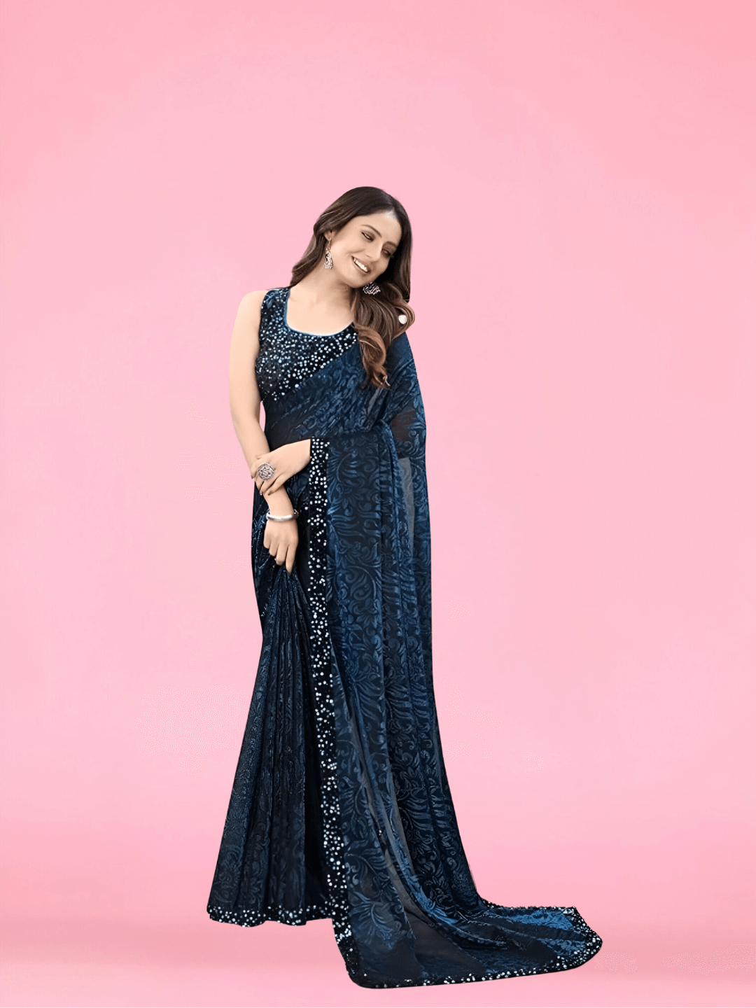 Deep blue power saree with black border – corporate to cocktails