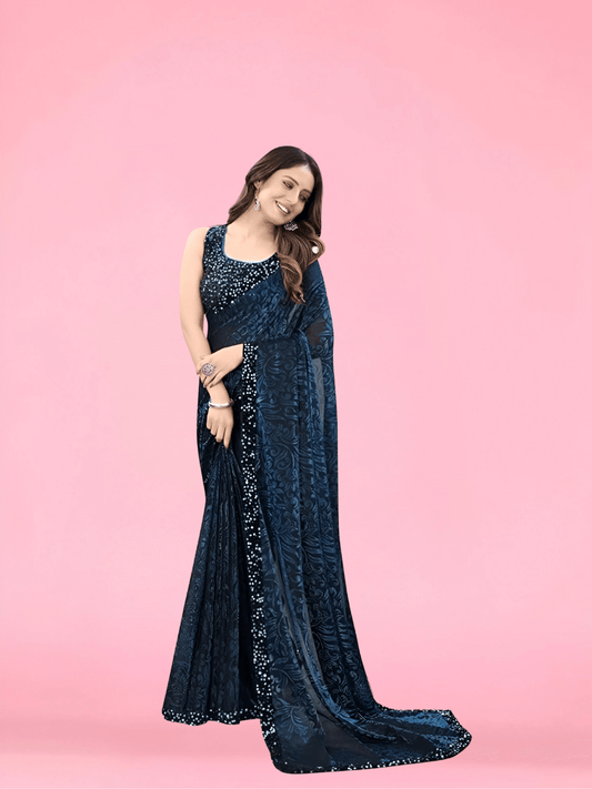 Deep blue power saree with black border – corporate to cocktails