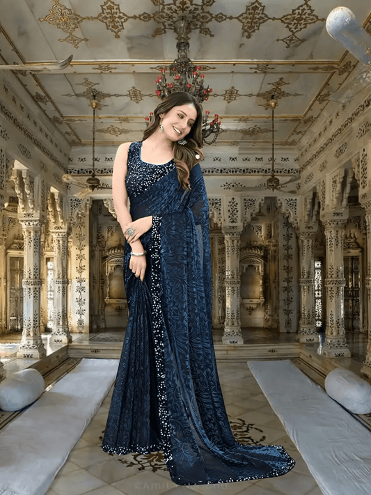 Deep blue power saree with black border – corporate to cocktails