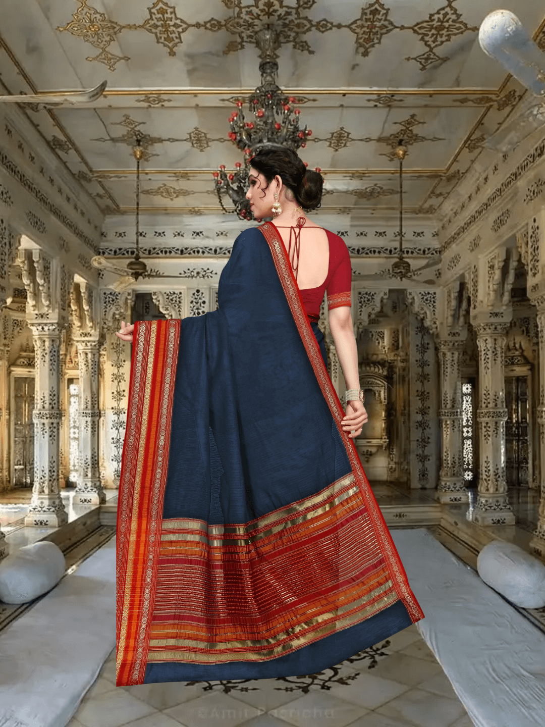 Backshot with bold pallu swing, evoking the silhouette of a classical dancer
