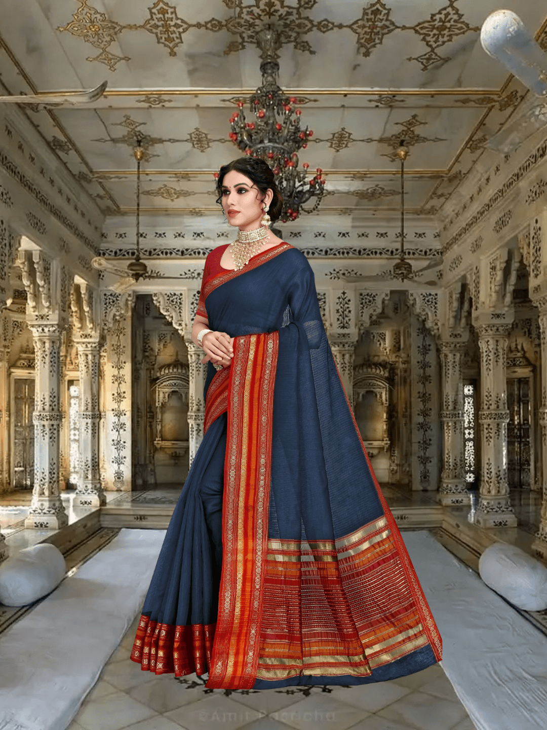 Close-up of multicolor border and pleats, reminiscent of royal tapestries